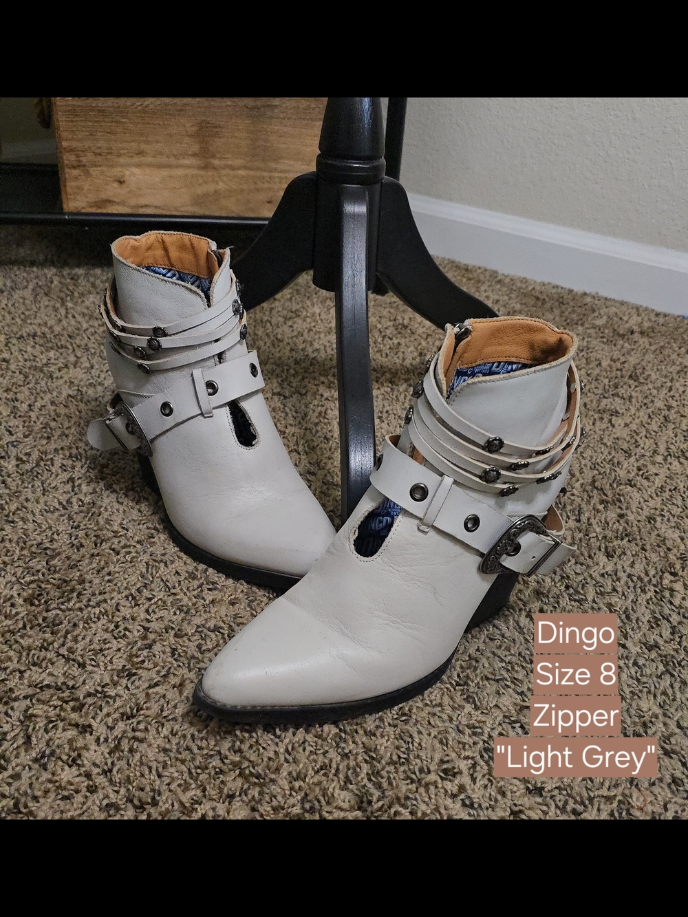 dingo Light Grey Pointed Toe Ankle Boots with Buckle Straps